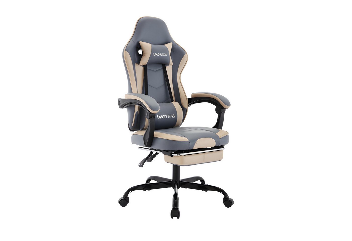 WOTSTA Gaming-Stuhl Ergonomischer Gamingstuhl mit Fußstütze & Lendenstütze (Komplett-Set), ausziehbare Fußstütze, leises Rollen, höhenverstellbar, drehbar von WOTSTA
