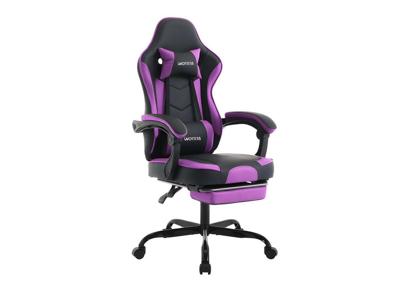 WOTSTA Gaming-Stuhl Ergonomischer Gamingstuhl mit Fußstütze & Lendenstütze (Komplett-Set), ausziehbare Fußstütze, leises Rollen, höhenverstellbar, drehbar von WOTSTA