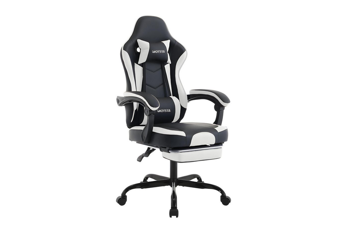 WOTSTA Gaming-Stuhl Ergonomischer Gamingstuhl mit Fußstütze & Lendenstütze (Komplett-Set), ausziehbare Fußstütze, leises Rollen, höhenverstellbar, drehbar von WOTSTA