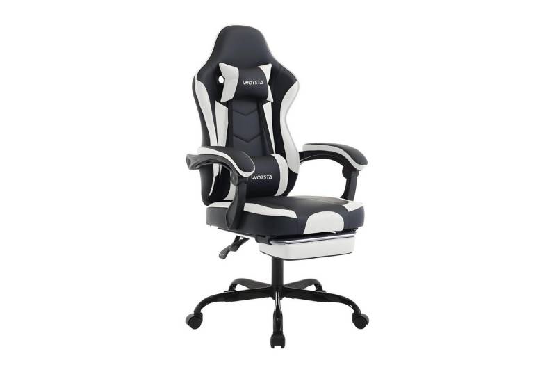 WOTSTA Gaming-Stuhl Ergonomischer Gamingstuhl mit Fußstütze & Lendenstütze (Komplett-Set), ausziehbare Fußstütze, leises Rollen, höhenverstellbar, drehbar von WOTSTA