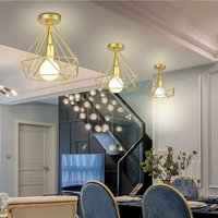 3 Stücke Vintage Industrie Deckenleuchte Käfig Deckenlampe Semi Flush Mount Wohnzimmerlampe Gold Ø25cm von WOTTES