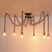 Industrie Vintage Kronleuchter Hanfseil DIY Pendelleuchte Höhenverstellbar Hängeleuchte 6 Flamme Deckenlampe von WOTTES