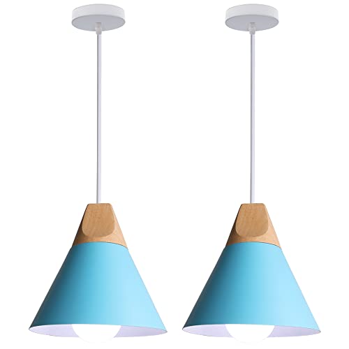 WOTTES Moderne Industrielle Hängelampe Holz Hängelampe mit Metallschirm Deckenleuchte E27 Für Wohnzimmer, Schlafzimmer und Esszimmer.（2pck hellblau） von WOTTES