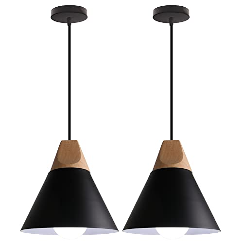 WOTTES Moderne Industrielle Hängelampe Holz Hängelampe mit Metallschirm Deckenleuchte E27 Für Wohnzimmer, Schlafzimmer und Esszimmer.（2pck schwarz） von WOTTES