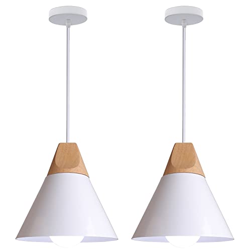 WOTTES Moderne Industrielle Hängelampe Holz Hängelampe mit Metallschirm Deckenleuchte E27 Für Wohnzimmer, Schlafzimmer und Esszimmer.（2pck weiße） von WOTTES