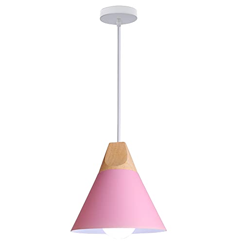 WOTTES Moderne Industrielle Hängelampe Holz Hängelampe mit Metallschirm Deckenleuchte E27 Für Wohnzimmer, Schlafzimmer und Esszimmer.（Rosa） von WOTTES