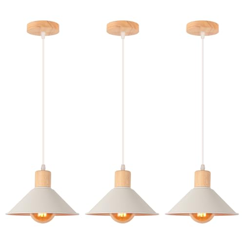 WOTTES Pendelleuchte Indoor Retro Ø21.5CM Lampenschirm Metall+Holz Beleuchtung Leuchten Moderne Kronleuchter E27 Pendelleuchte Innenleuchten für Schlafzimmer Wohnzimmer Café (Weiß 3Stück) von WOTTES