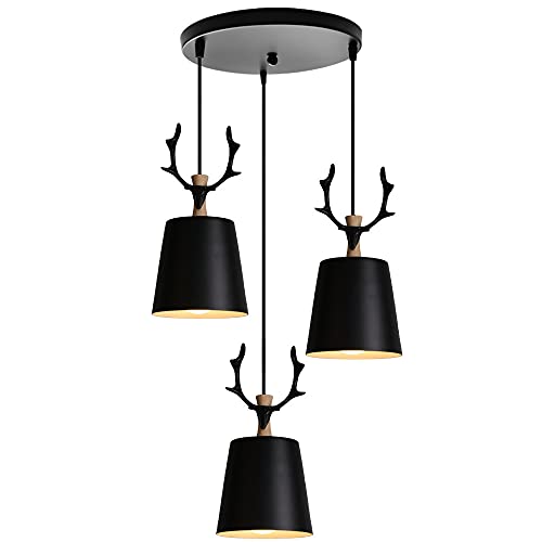 WOTTES Pendelleuchte Leuchte Lampen Moderne Geweih Kunst Rund Ø12CM Lampenschirm Metall Innenbeleuchtung Hängelampe E27 für Küche Schlafzimmer Wohnzimmer (3Stück Schwarz) von WOTTES