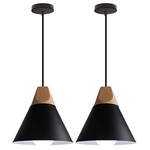 WOTTES Moderne Industrielle Hängeleuchte Holz Hängeleuchte Metall Lampenschirm Deckenleuchte E27 Für Wohnzimmer Schlafzimmer Esszimmer. (2 Pack Schwarz) von WOTTES