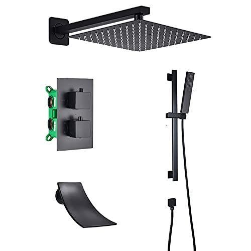 Duschsystem, schwarzes Thermos-Duscharmatur-Set mit Wasserfall-Wannenauslauf, wandmontiertes Dusch-Kombi-Set, Messing-Mischbatterie mit Duschkopf, Handbrause, Hebest，A 10 Inch von WOTZOV