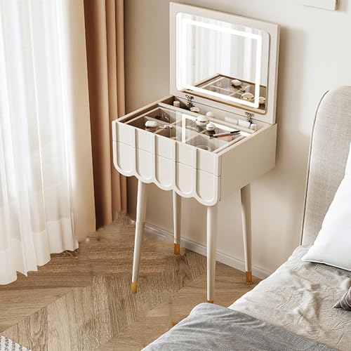 Moderner weißer Schminktisch mit Spiegelbeleuchtung und Stauraum. Kompakte Schminkkommode mit klarer Glasplatte. Bequemer Hocker inklusive. Leise Schienen und e,White A_23.6IN Moderner weißer Schminktisch mit Spiegelbeleuchtung und Stauraum. Kompakte Schminkkommode mit klarer Glasplatte. Bequemer Hocker inklusive. Leise Schienen und e,White A_23.6IN von WOTZOV