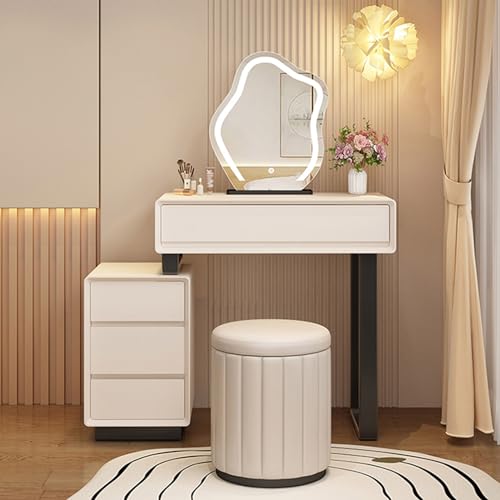 Moderner weißer Schminktisch mit beleuchtetem Spiegel, einziehbarer Schminktisch für Mädchen und Frauen, 60 cm,60cm/24inch Moderner weißer Schminktisch mit beleuchtetem Spiegel, einziehbarer Schminktisch für Mädchen und Frauen, 60 cm,60cm/24inch von WOTZOV