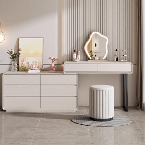 Modernes Schminktisch-Set mit Beleuchtung und Spiegel, Schminktisch mit Stuhl und Schubladen, runder Hocker aus weißem Massivholz, 120 x 40 x 76 cm,Round Stool 100x40x76cm Modernes Schminktisch-Set mit Beleuchtung und Spiegel, Schminktisch mit Stuhl und Schubladen, runder Hocker aus weißem Massivholz, 120 x 40 x 76 cm,Round Stool 100x40x76cm von WOTZOV