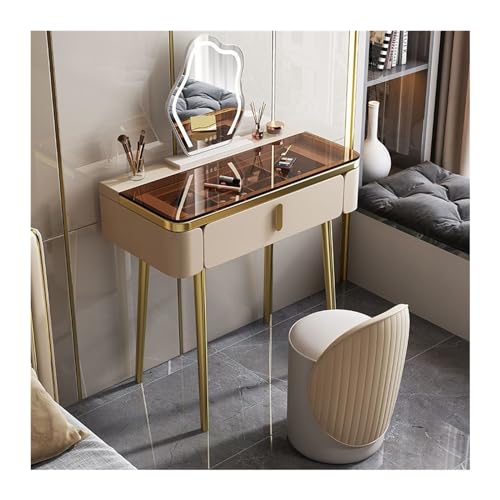 Modernes Schminktisch-Set mit Glasplatte, Spiegel und Stuhl, Kleiner weißer Schminktisch mit Metallbeinen, 67 cm, kompakter Frisiertisch,Champagne 67cm Modernes Schminktisch-Set mit Glasplatte, Spiegel und Stuhl, Kleiner weißer Schminktisch mit Metallbeinen, 67 cm, kompakter Frisiertisch,Champagne 67cm von WOTZOV