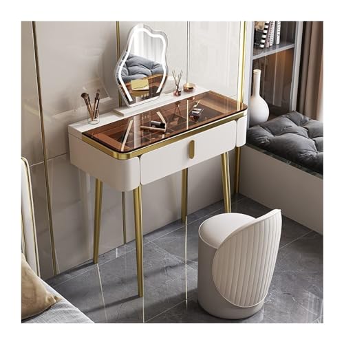 Modernes Schminktisch-Set mit Glasplatte, Spiegel und Stuhl, Kleiner weißer Schminktisch mit Metallbeinen, 67 cm, kompakter Frisiertisch,White 80 Modernes Schminktisch-Set mit Glasplatte, Spiegel und Stuhl, Kleiner weißer Schminktisch mit Metallbeinen, 67 cm, kompakter Frisiertisch,White 80 von WOTZOV