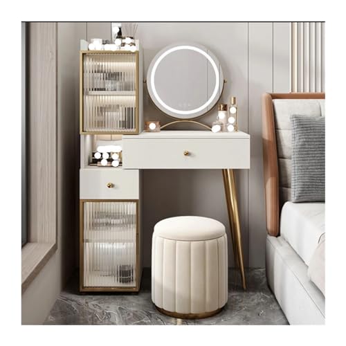 Modernes weißes Schminktisch-Set mit Spiegel, Stuhl, Nachttisch, Glasregalen und Schubladen, stilvolle Schlafzimmermöbel, Frisiertisch,L60cm Modernes weißes Schminktisch-Set mit Spiegel, Stuhl, Nachttisch, Glasregalen und Schubladen, stilvolle Schlafzimmermöbel, Frisiertisch,L60cm von WOTZOV