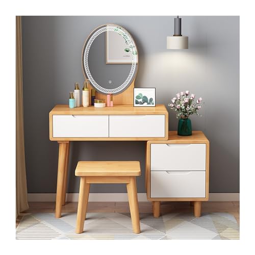Schminktisch, Frisiertisch mit Spiegel und Beleuchtung, moderner Schminktisch aus Holz und Hocker-Set mit 4 Schubladen, Frisiertisch-Set für Schlafzimmer, Frisi,Wood+White L 80cm Schminktisch, Frisiertisch mit Spiegel und Beleuchtung, moderner Schminktisch aus Holz und Hocker-Set mit 4 Schubladen, Frisiertisch-Set für Schlafzimmer, Frisi,Wood+White L 80cm von WOTZOV