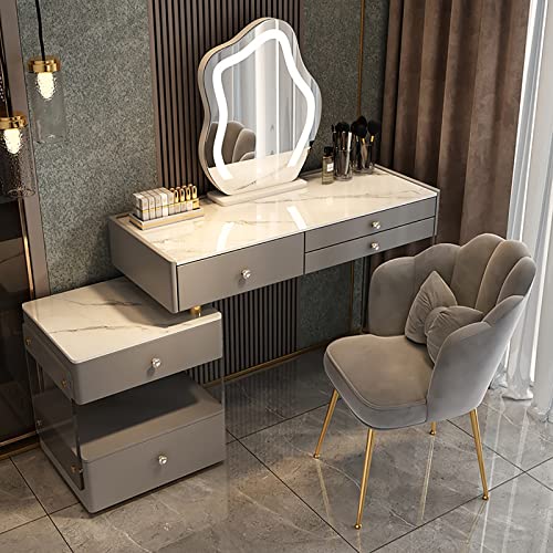 Schminktisch mit beleuchtetem Spiegel und 3 Schubladen. Weißer Schminktisch mit Seitenschrank und Acrylhocker. Moderner Frisiertisch in 3 Farben. Ideal für Schö,Gray+Chair 100cm/39.3in Schminktisch mit beleuchtetem Spiegel und 3 Schubladen. Weißer Schminktisch mit Seitenschrank und Acrylhocker. Moderner Frisiertisch in 3 Farben. Ideal für Schö,Gray+Chair 100cm/39.3in von WOTZOV