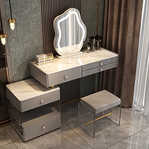Schminktisch mit beleuchtetem Spiegel und 3 Schubladen. Weißer Schminktisch mit Seitenschrank und Acrylhocker. Moderner Frisiertisch in 3 Farben. Ideal für Schö,Gray+Stool 100cm/39.3in Schminktisch mit beleuchtetem Spiegel und 3 Schubladen. Weißer Schminktisch mit Seitenschrank und Acrylhocker. Moderner Frisiertisch in 3 Farben. Ideal für Schö,Gray+Stool 100cm/39.3in von WOTZOV