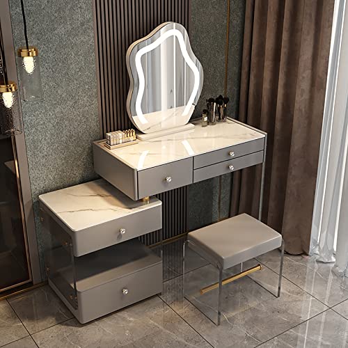 Schminktisch mit beleuchtetem Spiegel und 3 Schubladen. Weißer Schminktisch mit Seitenschrank und Acrylhocker. Moderner Frisiertisch in 3 Farben. Ideal für Schö,Gray+Stool 80cm/31.5in Schminktisch mit beleuchtetem Spiegel und 3 Schubladen. Weißer Schminktisch mit Seitenschrank und Acrylhocker. Moderner Frisiertisch in 3 Farben. Ideal für Schö,Gray+Stool 80cm/31.5in von WOTZOV