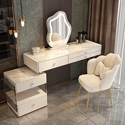 Schminktisch mit beleuchtetem Spiegel und 3 Schubladen. Weißer Schminktisch mit Seitenschrank und Acrylhocker. Moderner Frisiertisch in 3 Farben. Ideal für Schö,White+Chair 120cm/47.2in Schminktisch mit beleuchtetem Spiegel und 3 Schubladen. Weißer Schminktisch mit Seitenschrank und Acrylhocker. Moderner Frisiertisch in 3 Farben. Ideal für Schö,White+Chair 120cm/47.2in von WOTZOV