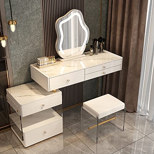 Schminktisch mit beleuchtetem Spiegel und 3 Schubladen. Weißer Schminktisch mit Seitenschrank und Acrylhocker. Moderner Frisiertisch in 3 Farben. Ideal für Schö,White+Stool 100cm/39.3in Schminktisch mit beleuchtetem Spiegel und 3 Schubladen. Weißer Schminktisch mit Seitenschrank und Acrylhocker. Moderner Frisiertisch in 3 Farben. Ideal für Schö,White+Stool 100cm/39.3in von WOTZOV