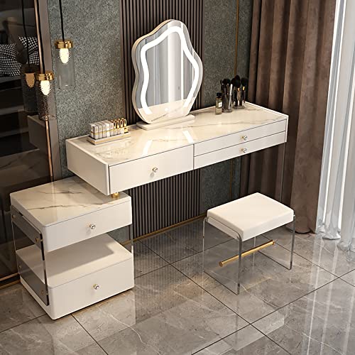 Schminktisch mit beleuchtetem Spiegel und 3 Schubladen. Weißer Schminktisch mit Seitenschrank und Acrylhocker. Moderner Frisiertisch in 3 Farben. Ideal für Schö,White+Stool 120cm/47.2in Schminktisch mit beleuchtetem Spiegel und 3 Schubladen. Weißer Schminktisch mit Seitenschrank und Acrylhocker. Moderner Frisiertisch in 3 Farben. Ideal für Schö,White+Stool 120cm/47.2in von WOTZOV