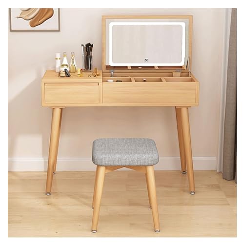 WOTZOV Moderner Schminktisch mit Beleuchtung und Spiegel, klappbarer Frisiertisch mit Schubladen und Hocker, Walnuss, 60 cm,Wood 70cm WOTZOV Moderner Schminktisch mit Beleuchtung und Spiegel, klappbarer Frisiertisch mit Schubladen und Hocker, Walnuss, 60 cm,Wood 70cm von WOTZOV