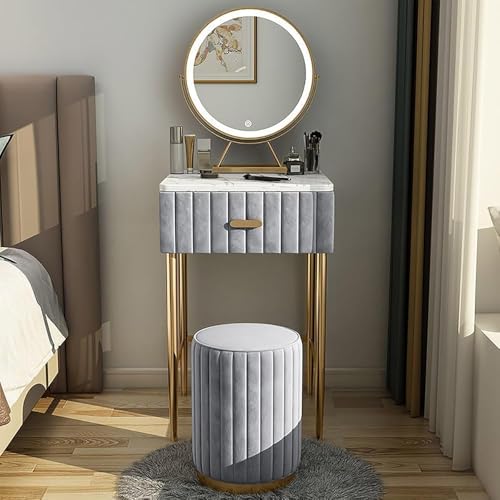 WOTZOV Moderner Schminktisch mit Spiegel und Schubladen, Farbe Grau, Kleiner Frisiertisch mit Lichtern, Schminkhocker, Größe 40 cm,Grey 60cm WOTZOV Moderner Schminktisch mit Spiegel und Schubladen, Farbe Grau, Kleiner Frisiertisch mit Lichtern, Schminkhocker, Größe 40 cm,Grey 60cm von WOTZOV