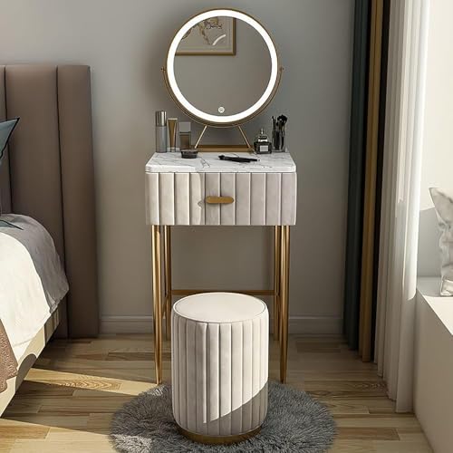 WOTZOV Moderner Schminktisch mit Spiegel und Schubladen, Farbe Grau, Kleiner Frisiertisch mit Lichtern, Schminkhocker, Größe 40 cm,White 40cm WOTZOV Moderner Schminktisch mit Spiegel und Schubladen, Farbe Grau, Kleiner Frisiertisch mit Lichtern, Schminkhocker, Größe 40 cm,White 40cm von WOTZOV