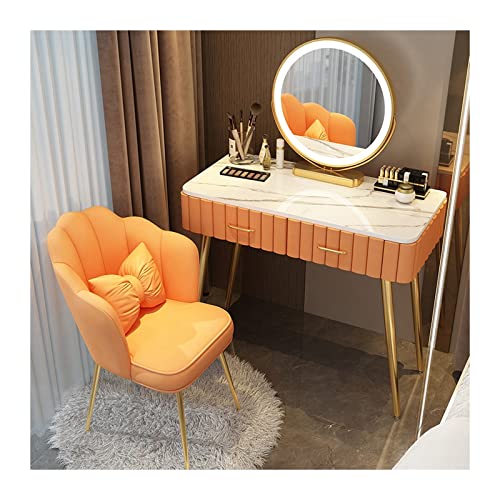 WOTZOV Modernes Schminktisch-Set mit Marmor-Arbeitsplatte, Schminkspiegel und Hocker, Frisiertisch für das Schlafzimmer zum Schminken und Aufbewahren，Orange Chair 100cm von WOTZOV