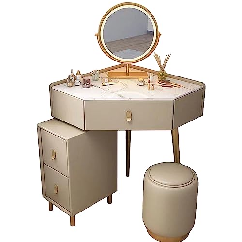 WOTZOV Modernes Schminktisch-Set mit Spiegelbeleuchtung, Einstellbarer Helligkeit, 3 Schubladen, Sideboard und Hocker, ideal für die Schminkstation im Schlafzimmer für，A 49X63X60CM von WOTZOV