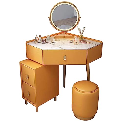 WOTZOV Modernes Schminktisch-Set mit Spiegelbeleuchtung, Einstellbarer Helligkeit, 3 Schubladen, Sideboard und Hocker, ideal für die Schminkstation im Schlafzimmer für，B 49X63X60CM von WOTZOV