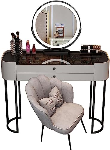 WOTZOV Modernes Schminktisch-Set mit dimmbarer Beleuchtung und Spiegel, Schminktisch mit Glasplatte, 2 Schubladen und Hocker,Gray B 47.2in WOTZOV Modernes Schminktisch-Set mit dimmbarer Beleuchtung und Spiegel, Schminktisch mit Glasplatte, 2 Schubladen und Hocker,Gray B 47.2in von WOTZOV
