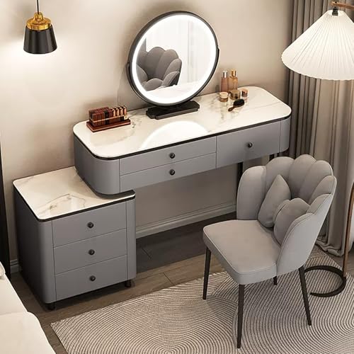 WOTZOV Modernes graues Schminktisch-Set mit 360° drehbarem Spiegel, Seitenschrank und Stuhl, 100 cm großer Frisiertisch aus Steinplatten für Damenschlafzimmer, stilvol，Grey 100cm/39.3in von WOTZOV
