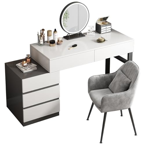 WOTZOV Schminktisch, Frisiertisch mit 5 Schubladen, schwarz-weißer Schreibtisch, Home-Office-Schreibtisch, moderner Schminktisch mit stabilen schwarzen Metallbeinen un，(100 130)*40 * 73CM von WOTZOV
