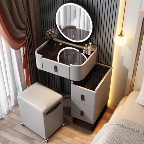 WOTZOV Schminktisch-Set aus Massivholz mit Spiegel, Lichtern, Schubladen, Schminkstuhl und Seitenschrank, moderner Schminktisch fürs Schlafzimmer mit Glasplatte，Grey 50x40x60cm/19x15x23in von WOTZOV