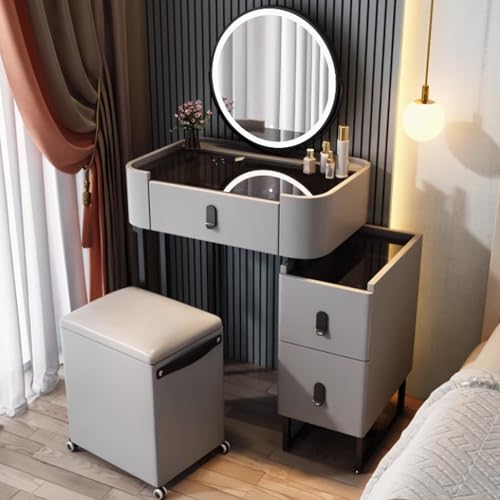 WOTZOV Schminktisch-Set aus Massivholz mit Spiegel, Lichtern, Schubladen, Schminkstuhl und Seitenschrank, moderner Schminktisch fürs Schlafzimmer mit Glasplatte,Grey 60x40x60cm/23x15x23in WOTZOV Schminktisch-Set aus Massivholz mit Spiegel, Lichtern, Schubladen, Schminkstuhl und Seitenschrank, moderner Schminktisch fürs Schlafzimmer mit Glasplatte,Grey 60x40x60cm/23x15x23in von WOTZOV