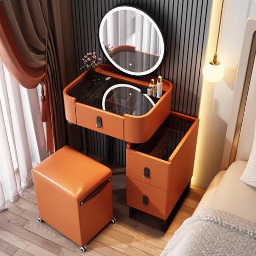WOTZOV Schminktisch-Set aus Massivholz mit Spiegel, Lichtern, Schubladen, Schminkstuhl und Seitenschrank, moderner Schminktisch fürs Schlafzimmer mit Glasplatte，Orange 50x40x60cm/19x15x23in von WOTZOV
