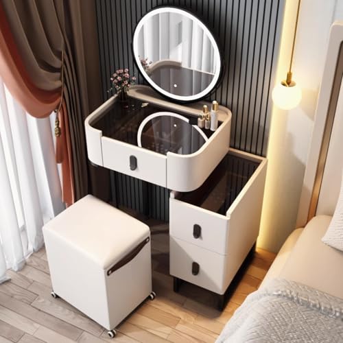 WOTZOV Schminktisch-Set aus Massivholz mit Spiegel, Lichtern, Schubladen, Schminkstuhl und Seitenschrank, moderner Schminktisch fürs Schlafzimmer mit Glasplatte，White 50x40x60cm/19x15x23in von WOTZOV