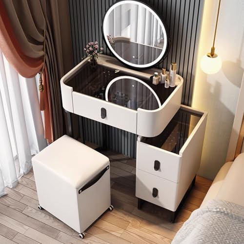WOTZOV Schminktisch-Set aus Massivholz mit Spiegel, Lichtern, Schubladen, Schminkstuhl und Seitenschrank, moderner Schminktisch fürs Schlafzimmer mit Glasplatte,White 60x40x60cm/23x15x23in WOTZOV Schminktisch-Set aus Massivholz mit Spiegel, Lichtern, Schubladen, Schminkstuhl und Seitenschrank, moderner Schminktisch fürs Schlafzimmer mit Glasplatte,White 60x40x60cm/23x15x23in von WOTZOV