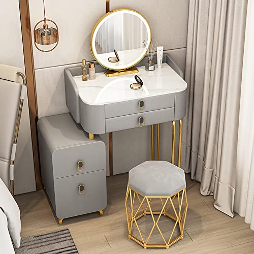 WOTZOV Schminktisch-Set mit 3-farbigem, verstellbarem, um 360° drehbarem Spiegel, Frisiertisch mit 4 großen Schubladen, Schminktisch mit Schrank kann Links und rechts ,Grey 60cm Makeup Stool WOTZOV Schminktisch-Set mit 3-farbigem, verstellbarem, um 360° drehbarem Spiegel, Frisiertisch mit 4 großen Schubladen, Schminktisch mit Schrank kann Links und rechts ,Grey 60cm Makeup Stool von WOTZOV