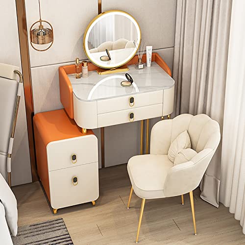 WOTZOV Schminktisch-Set mit 3-farbigem, verstellbarem, um 360° drehbarem Spiegel, Frisiertisch mit 4 großen Schubladen, Schminktisch mit Schrank kann Links und rechts ,Orange 50cm Makeup Chair WOTZOV Schminktisch-Set mit 3-farbigem, verstellbarem, um 360° drehbarem Spiegel, Frisiertisch mit 4 großen Schubladen, Schminktisch mit Schrank kann Links und rechts ,Orange 50cm Makeup Chair von WOTZOV