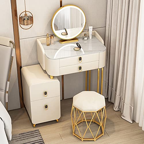 WOTZOV Schminktisch-Set mit 3-farbigem, verstellbarem, um 360° drehbarem Spiegel, Frisiertisch mit 4 großen Schubladen, Schminktisch mit Schrank kann Links und rechts ,White 50cm Makeup Stool WOTZOV Schminktisch-Set mit 3-farbigem, verstellbarem, um 360° drehbarem Spiegel, Frisiertisch mit 4 großen Schubladen, Schminktisch mit Schrank kann Links und rechts ,White 50cm Makeup Stool von WOTZOV
