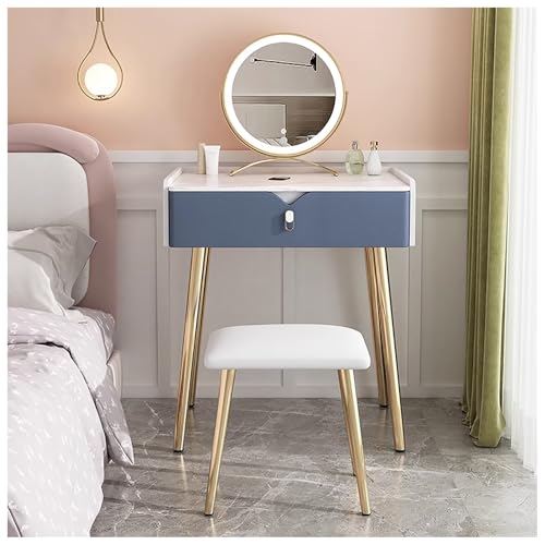 WOTZOV Schminktisch aus Massivholz mit Verstellbarer Beleuchtung, Spiegel und gepolstertem Hocker, moderner Schminktisch für kleine Räume,Blau 50x40x80cm WOTZOV Schminktisch aus Massivholz mit Verstellbarer Beleuchtung, Spiegel und gepolstertem Hocker, moderner Schminktisch für kleine Räume,Blau 50x40x80cm von WOTZOV