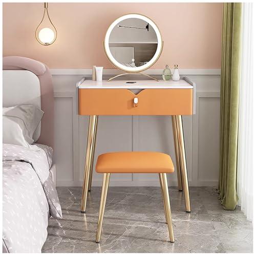 WOTZOV Schminktisch aus Massivholz mit Verstellbarer Beleuchtung, Spiegel und gepolstertem Hocker, moderner Schminktisch für kleine Räume,Orange 50x40x80cm WOTZOV Schminktisch aus Massivholz mit Verstellbarer Beleuchtung, Spiegel und gepolstertem Hocker, moderner Schminktisch für kleine Räume,Orange 50x40x80cm von WOTZOV