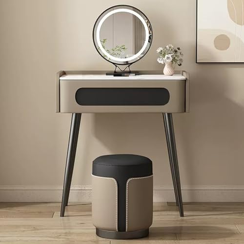 WOTZOV Schminktisch mit Schubladen, 3 Farbbeleuchtungsmodi, Beine aus Kohlenstoffstahl, modernes Schminktisch-Set fürs Schlafzimmer mit Spiegel und Hocker，Light Brown 23.6 von WOTZOV