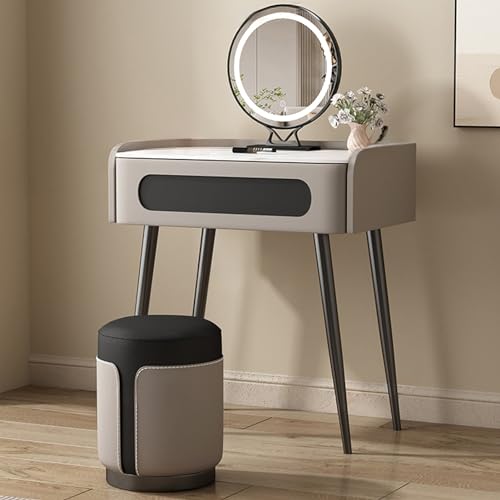 WOTZOV Schminktisch mit Schubladen, 3 Farbbeleuchtungsmodi, Beine aus Kohlenstoffstahl, modernes Schminktisch-Set fürs Schlafzimmer mit Spiegel und Hocker，Light Gray 23.6 von WOTZOV
