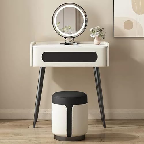 WOTZOV Schminktisch mit Schubladen, 3 Farbbeleuchtungsmodi, Beine aus Kohlenstoffstahl, modernes Schminktisch-Set fürs Schlafzimmer mit Spiegel und Hocker，White 27.6 von WOTZOV