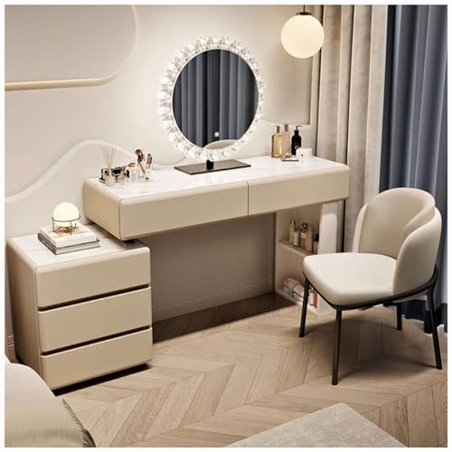 WOTZOV Schminktisch mit umkehrbarem Seitenschrank, Schminktisch mit beleuchtetem Spiegel, 3 Farblichtern, Frisiertisch mit 5 Schubladen, moderner Schminktisch mit Hock,Khaki B 120cm WOTZOV Schminktisch mit umkehrbarem Seitenschrank, Schminktisch mit beleuchtetem Spiegel, 3 Farblichtern, Frisiertisch mit 5 Schubladen, moderner Schminktisch mit Hock,Khaki B 120cm von WOTZOV
